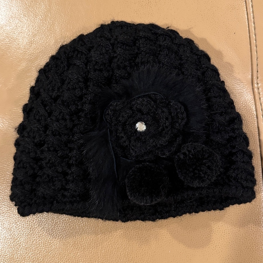 Black Crochet Beanie with Flower Accent